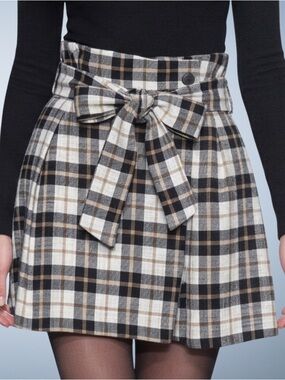 Zara Plaid High-Waisted Paperbag Preppy Mini Skirt with Tie Front Size Large
